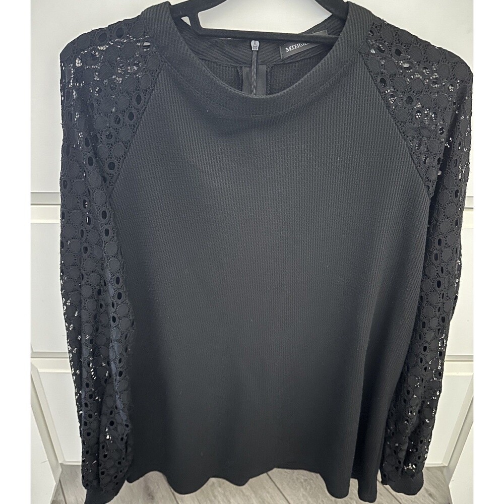 MIHOLL Womens Black Lace Long Sleeve Blouse Waffle Knit Top Hidden Zipper Sz L